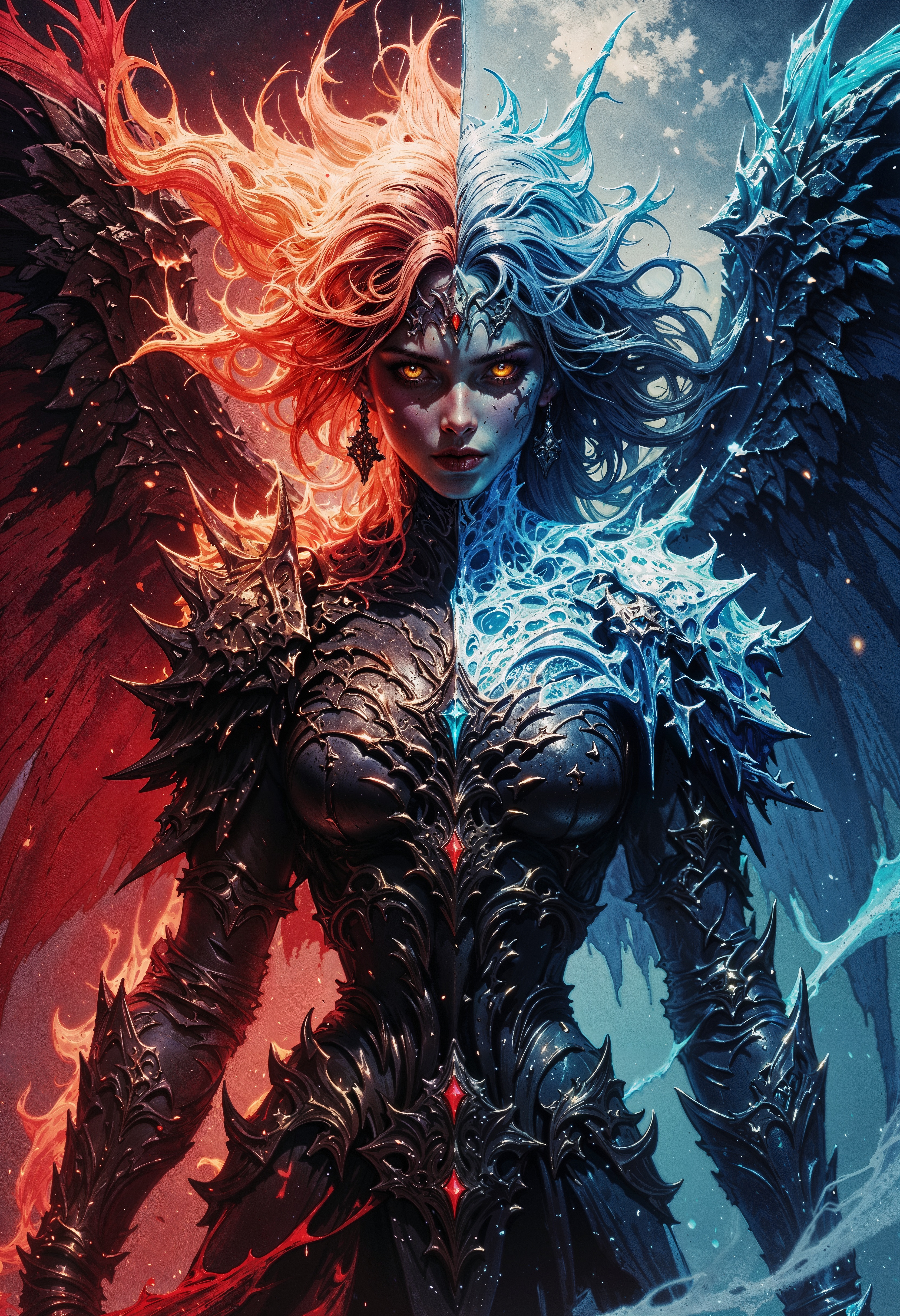 Misty Valley, a close-up of a mysterious female entity, one half of her body and face is beautiful fire goddess angelic appearance, red eyes, flaming hair, the other half of her body and face is frozen, blue icy skin, glowing eye and hair are freezing from cold, cold breath, on her back are wings corresponding to each part of the body. cold atmosphere, cinematic, masterpiece, clear focus  <lora:FluxMythG0thicL1nes:0.6> <lora:RetroAnimeFluxV1:0.6> <lora:FredFraiStyle-FLUX-Share:0.6>  <lora:dark_fantasy_flux:0.6>
