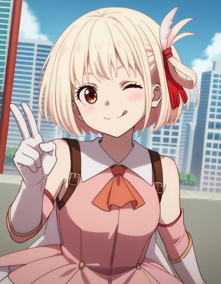 score_9, score_8_up, score_7_up, source_anime, chisatonishikigi, <lora:chisato-nishikigi-s1-ponyxl-lora-nochekaiser:1>, chisato nishikigi, short hair, bangs, blonde hair, red eyes, hair ribbon, one side up, bob cut,, <lora:prisma-illya-cosplay-ponyxl-lora-nochekaiser:1>, prismaillyacosplay, prisma illya \(cosplay\), dress, elbow gloves, feather hair ornament, feathers, frilled dress, frills, gloves, hair ornament, layered gloves, magical girl, orange ascot, pink dress, pink feathers, pink gloves, pink sleeves, white gloves,, cityscape, street, smile, blush, v, v over eye, one eye closed, tongue out,, cowboy shot, dutch angle, solo,
