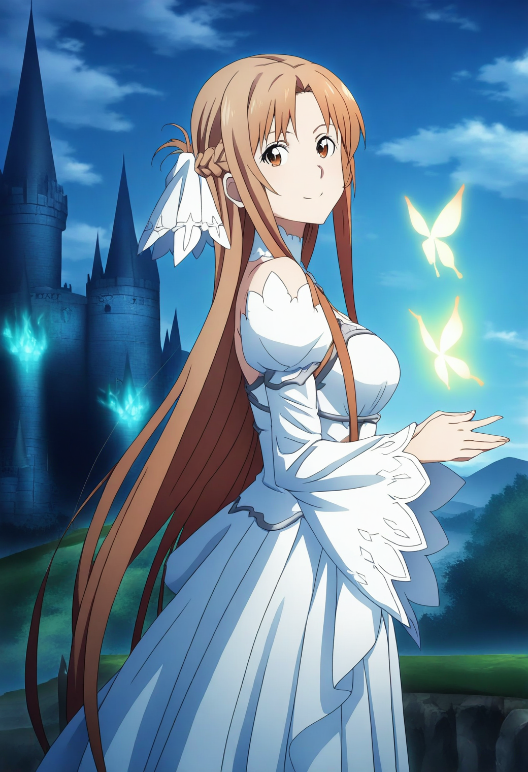 <lora:Asuna Yuuki - [Sword Art Online] - illustriousXL v1:1>, sysdeep_asuna, brown hair, brown eyes, long hair, enchanted castle, princess in garden, flowing gown, glowing flowers, serene moment, anime coloring