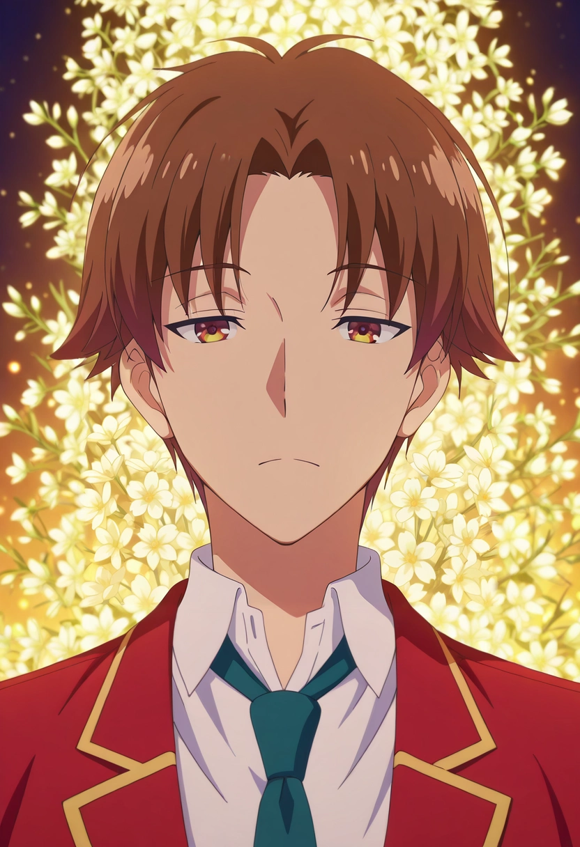 masterpiece, best quality, , anime screencap, anime coloring, , looking at viewer, 1boy, solo, male focus, <lora:kiyotaka_ayanokouji_ilxl:1>, kiyotaka_ayanokouji, brown hair, brown eyes, short hair, bangs, parted bangs, school uniform, jacket, necktie, collared shirt, blazer, enchanted meadow, glowing blossoms, fluttering fairies, sparkling streams, resting pose, dreamy expression, magical twilight, santa claus costume