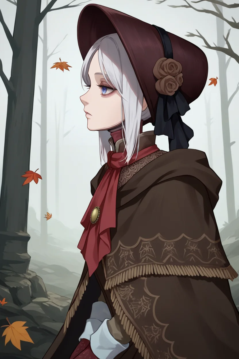score_9, score_8_up, source_7_up, source_anime BREAK 1girl <lora:plaindoll-pdxl-nvwls-v1:1> plaindoll, white hair, doll joints, bonnet, red ascot, brown cloak, brown dress, gloves, looking at viewer, expressionless, forest, trees, fallen leaves, stairs, dark skies, grey sky, desaturated, muted palette, profile, looking up, parted lips, expressionless,