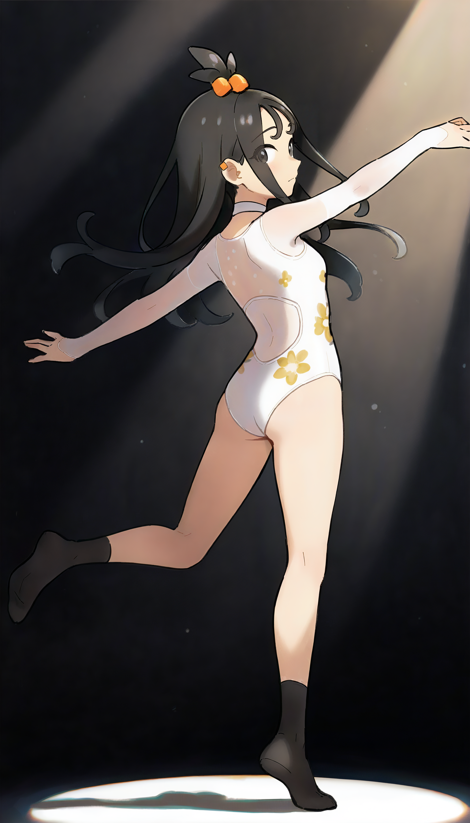 masterpiece,best quality,amazing quality,
<lora:lidaIL:1>,
1ida,
black hair,long hair,tied-up bangs,orange hair ornament,grey eyes,
orange earrings,white choker,
white sheer leotard with floral print,sleeveless,
black ankle socks,no shoes,
dancing,standing on one leg,back view,
black background,
spotlight,
depth of field,