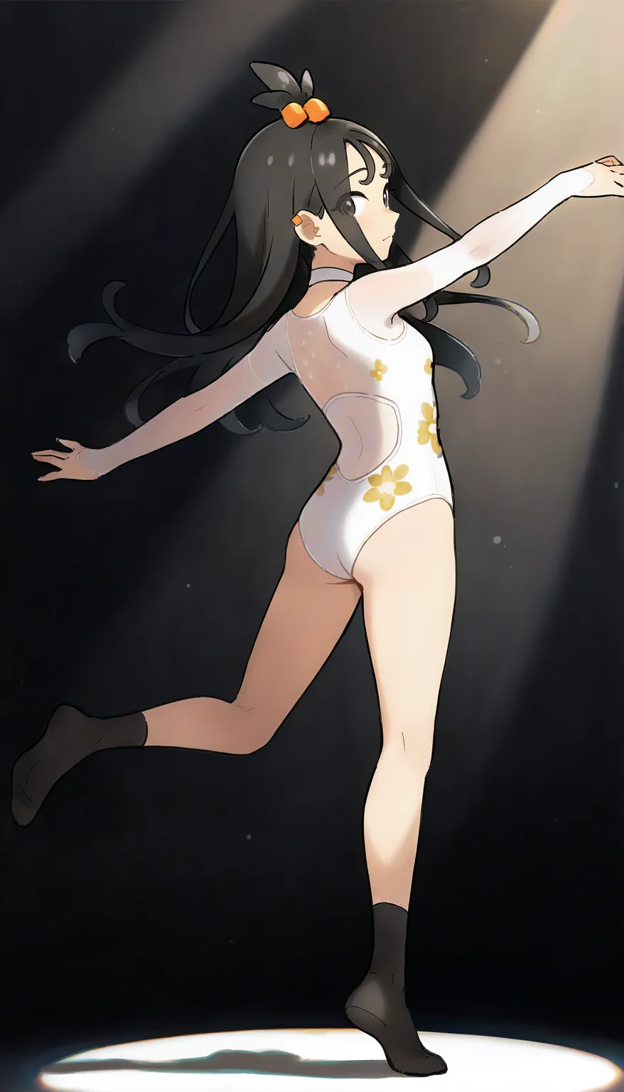 masterpiece,best quality,amazing quality,
<lora:lidaIL:1>,
1ida,
black hair,long hair,tied-up bangs,orange hair ornament,grey eyes,
orange earrings,white choker,
white sheer leotard with floral print,sleeveless,
black ankle socks,no shoes,
dancing,standing on one leg,back view,
black background,
spotlight,
depth of field,