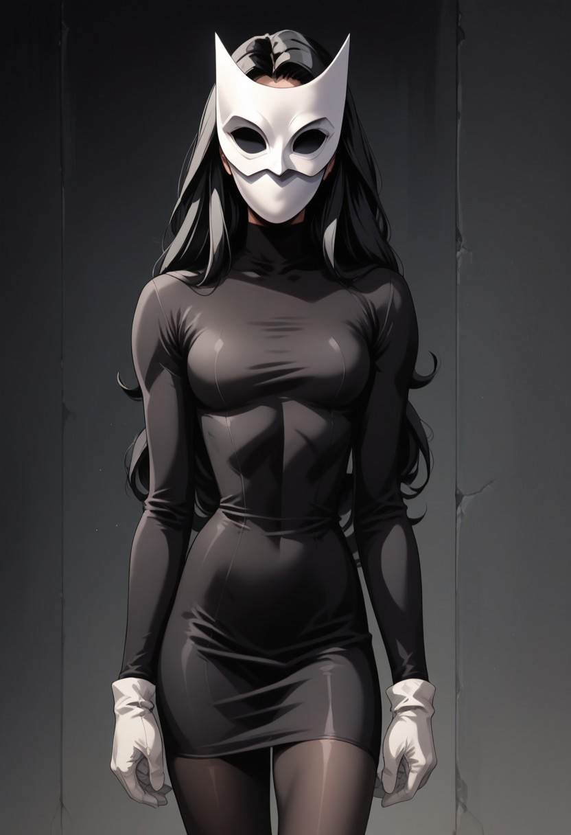 (fr0nt1nn0c3ntStyl3), (Style: Front Innocent), score, score_9, score_8_up, score_7_up, score_6_up, _5_up, score_4_up, source_anime, (masterpiece), high quality, 4k, Artist style: Bruce Timm, DCAU, DC comics, Western Comics, masked_woman, m4skedw0m4n, BREAK, 1woman, Calendar_Girl, (Page Monroe), long hair, black hair, skintight clothing, long-sleeved dress, black dress, black tights, petite, (white mask), (mask:1.6), (monochromatic outfit), gloves, (black eyes:1.5), (no eyes:1.4)