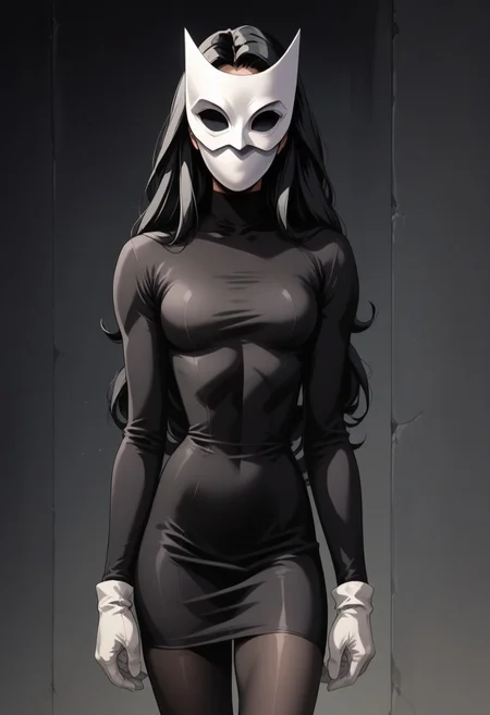 (fr0nt1nn0c3ntStyl3), (Style: Front Innocent), score, score_9, score_8_up, score_7_up, score_6_up, _5_up, score_4_up, source_anime, (masterpiece), high quality, 4k, Artist style: Bruce Timm, DCAU, DC comics, Western Comics, masked_woman, m4skedw0m4n, BREAK, 1woman, Calendar_Girl, (Page Monroe), long hair, black hair, skintight clothing, long-sleeved dress, black dress, black tights, petite, (white mask), (mask:1.6), (monochromatic outfit), gloves, (black eyes:1.5), (no eyes:1.4)