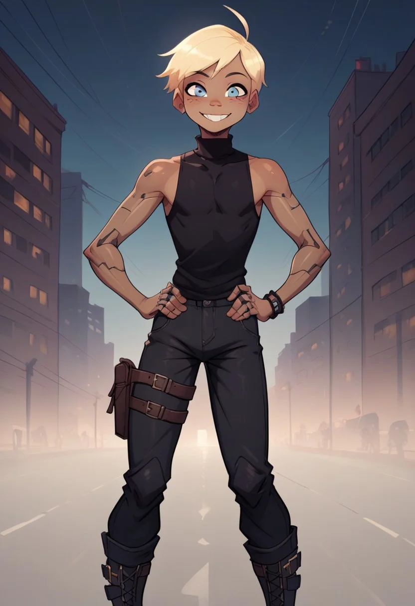 masterpiece, hd, high quality, high resolution, 4k, score_9, score_8_up, score_7_up, score_6_up,
front view,
futuristic city background,
Rapscallionstyle,  Diego from Carbon Pink, male, 1boy, solo, blue eyes, blonde hair, short hair, cyborg, cyborg boy, cybernetic, robot skin, detailed body, Diego’s hands, Diego’s arms, skinny, detailed body, tanline, wide hips,
bracelet, black tank top, turtleneck, black pants, dark gray pants, black knee boots, holster,
standing, hands on hips, smiling, happy, looking at viewer,