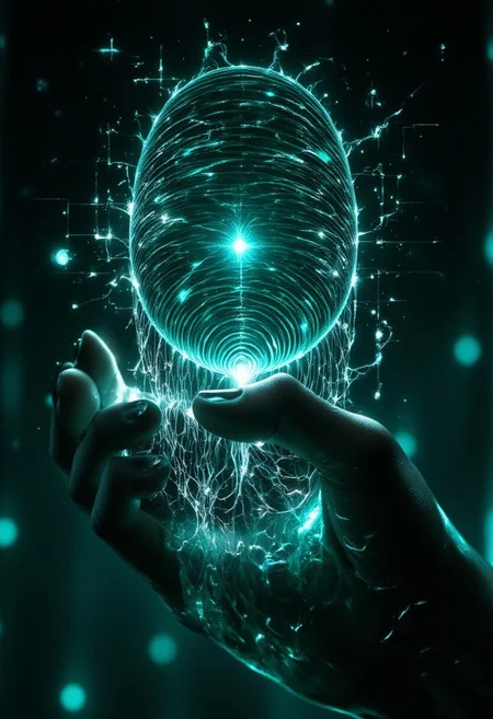 Emo woman upper body face close up. A hyper-detailed, futuristic close-up of a human fingertip illuminated by a soft green glow, revealing a complex, holographic circuit pattern etched into the skin, resembling a digital fingerprint. The intricate lines and nodes of the circuitry shimmer with a faint white and blue light, symbolizing advanced biometric technology. Surrounding the finger, a semi-transparent user interface displays scanning progress indicators, synchronization bars, and faint text overlays, adding to the high-tech aesthetic. The background is softly blurred, suggesting a sleek, digital environment while emphasizing the focus on the finger and its augmented details. <lora:aidmaFLUXPro1.1-FLUX-v0.3.safetensors:1.0>,  <lora:Dark side of light.safetensors:0.55>, <lora:Glitchcore_Flux.safetensors:0.8>,