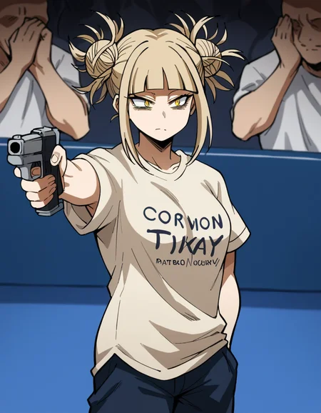 score_9, score_8_up, score_7_up, source_anime, <lora:himiko-toga-s5-ponyxl-lora-nochekaiser:1>, himiko toga, bangs, blonde hair, yellow eyes, blunt bangs, hair bun, double bun, messy hair, medium breasts, <lora:yusuf-dikec-ponyxl-lora-nochekaiser:1> yusuf dikec, yusuf dikec (meme), meme, hand in pocket, handgun, holding gun, gun, shirt, t-shirt, pants, audience,, , cowboy shot,