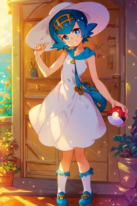 score_9, score_8_up, score_8, (curvy), cute, eyelashes, ,,, zzLana, blue eyes, short hair, bright pupils, hat, dress, standing, full body, shoes, sleeveless, socks, white dress, kneehighs, sleeveless dress, white headwear, hat ribbon, sun hat, sundress, <lora:Shamonabe_Lana_PDXL:1.0>, ,,, upper body, holding pokeball, head tilt, blush, smile, looking at viewer, ,,, embedding:zPDXL, Expressiveh, <lora:Expressive_H-000001:0.4>,