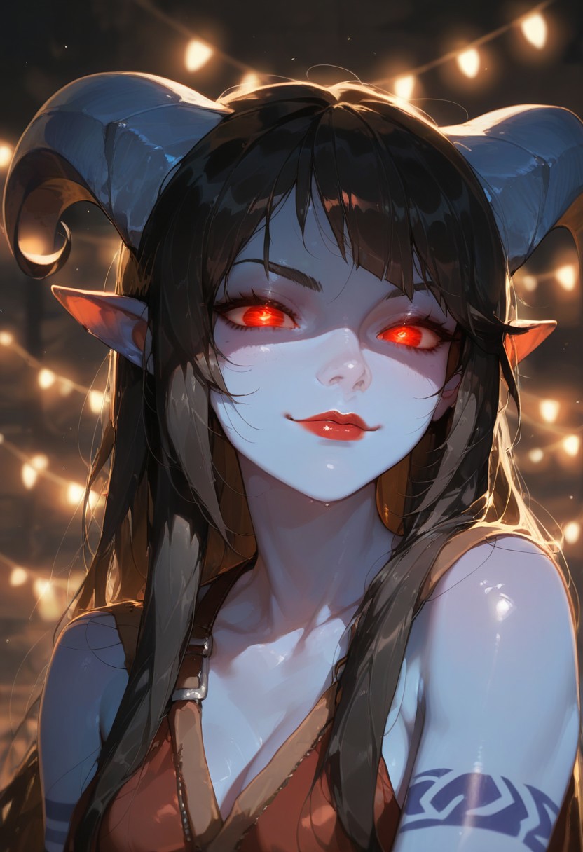 score_9, score_8_up, score_7_up, score_6_up, SPRVD Style, 1girl, portrait, beautiful, tiefling shaman, black hair, (long hair:1.3), side bangs, horns, barbarian, gladiator, war paint, tribal markings, long tail, blue skin, red lips, red eyes, glowing eyes, (smug:0.85), dramatic lights