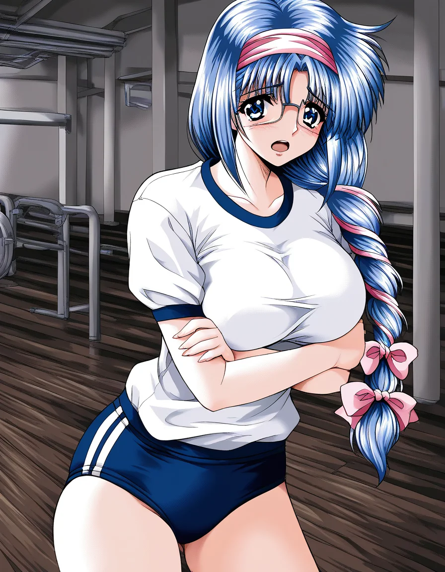 score_9, score_8_up, score_7_up, source_anime, rating_explicit, BREAK  <lora:Nikaidou_Honoka_XL:1> NikaidouHonoka,  blue hair, long hair, large breasts, pink hairband, blue eyes, pink hair ribbon, single braid,
dark blue buruma, blush, white gym uniform,  cowboy Shot,  sad,
open mouth, cross arm,
looking at viewer, 
cowboyShot, 
flooring, room,