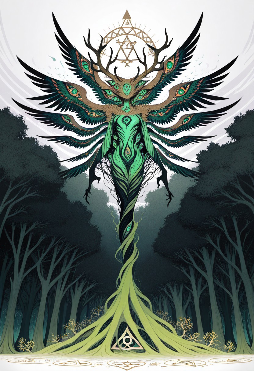 twisting , dissolving , abstract , abomination ,absurd , extreme theme ,extreme theme ,extra eyes, too many eyes, light source , illuminating , wings of eye , extra wings , Celtic symbol , green and lush , (triquetra symbol ,trinity :1.3) , tree antler ,
masterpiece, best quality ,amazing quality , concept , abstract ,