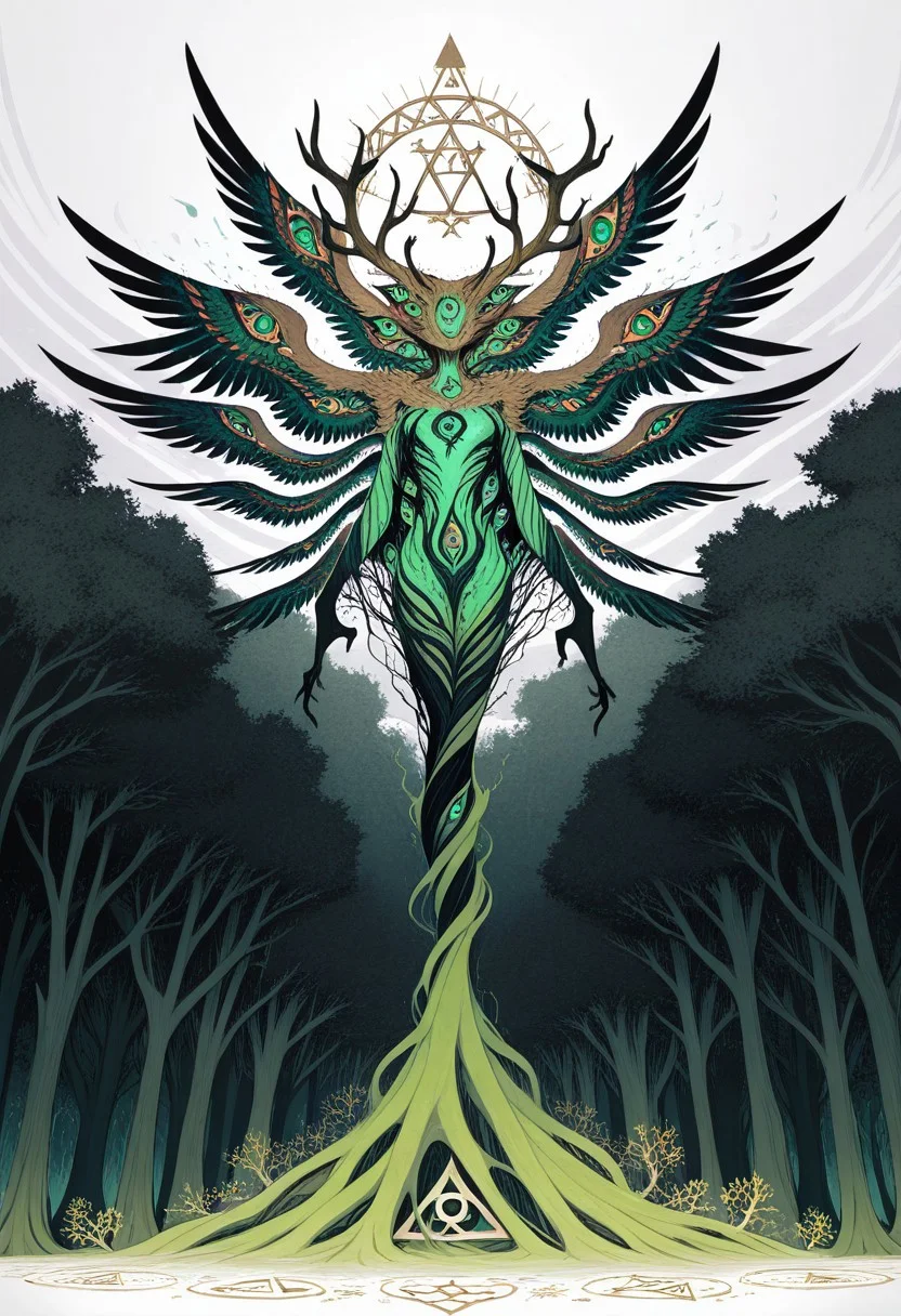 twisting , dissolving , abstract , abomination ,absurd , extreme theme ,extreme theme ,extra eyes, too many eyes, light source , illuminating , wings of eye , extra wings , Celtic symbol , green and lush , (triquetra symbol ,trinity :1.3) , tree antler ,
masterpiece, best quality ,amazing quality , concept , abstract ,