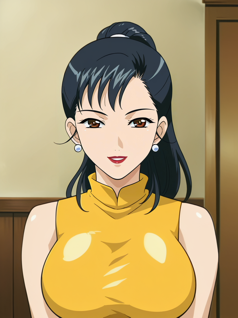 <lora:Youko_Saeki-Hitozuma_Ryoujoku_Sankanbi:0.8>,Youko,1girl,solo,brown eyes,black hair,lipstick,large breasts,earrings,ponytail,sleeveless dress, yellow dress,upper body,looking at viewer, smile,indoors