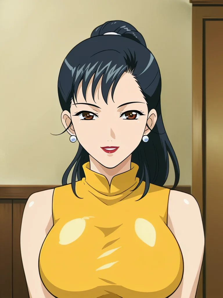 <lora:Youko_Saeki-Hitozuma_Ryoujoku_Sankanbi:0.8>,Youko,1girl,solo,brown eyes,black hair,lipstick,large breasts,earrings,ponytail,sleeveless dress, yellow dress,upper body,looking at viewer, smile,indoors