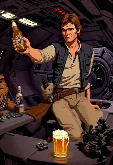 lucasarts style, a drunk Han solo is holding a glowing bottle of beer in a millennium falcon <lora:lucasarts style:1>