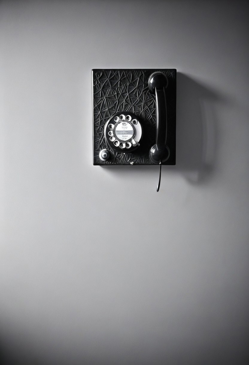 A stark black and white photograph of a vintage, wall-mounted rotary phone. The phone features a rectangular base affixed to a textured wall, with rotary dial. The handset hangs to the up, suspended by its coiled cord. The image is high-contrast, emphasizing the geometric shapes of the phone and the rough texture of the wall.
