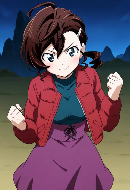 1girl,Inuyama Mana,GeGeGe no Kitarou,year 2019,solo,night,craggy mountain,cowboy shot,serious, smile,clenched hands,hands up,(lavenderblush skirt:1.5),(high-waist:1.5) skirt,(Lace-up:1.2) skirt,blue eyes,(open jacket:1.4),crimson (Down jacket:1.4),(right Placket jacket:1.5),1 hair tie,Ahoge,(wavy hair),(Brown:1.5) medium hair,swept bangs and (hair pulled back:1.2),(low ponytail),hair between eyes,(single hair intake:1.5),sideburns,(Loose high-neck:1.5) topwear,black topwear,pantyhose,1 silver zipper,1 silver hairpin,masterpiece, best quality, very aesthetic, absurdres