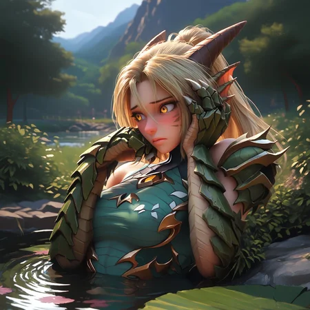 safe_pos, ((Score_9, score_8_up, score_7_up), masterpiece, perfect face, expressive eyes,(dragon girl),(muscular arms:1.2),(monster arms:1.3),(big claws),shy,embarrassed expression,(looking away),blush,sitting in a pond, blonde hair, yellow eyes,(long tail),(slender figure),(tight clothes),forest and mountains scenery,pond,(close-up),scratching face,relaxing