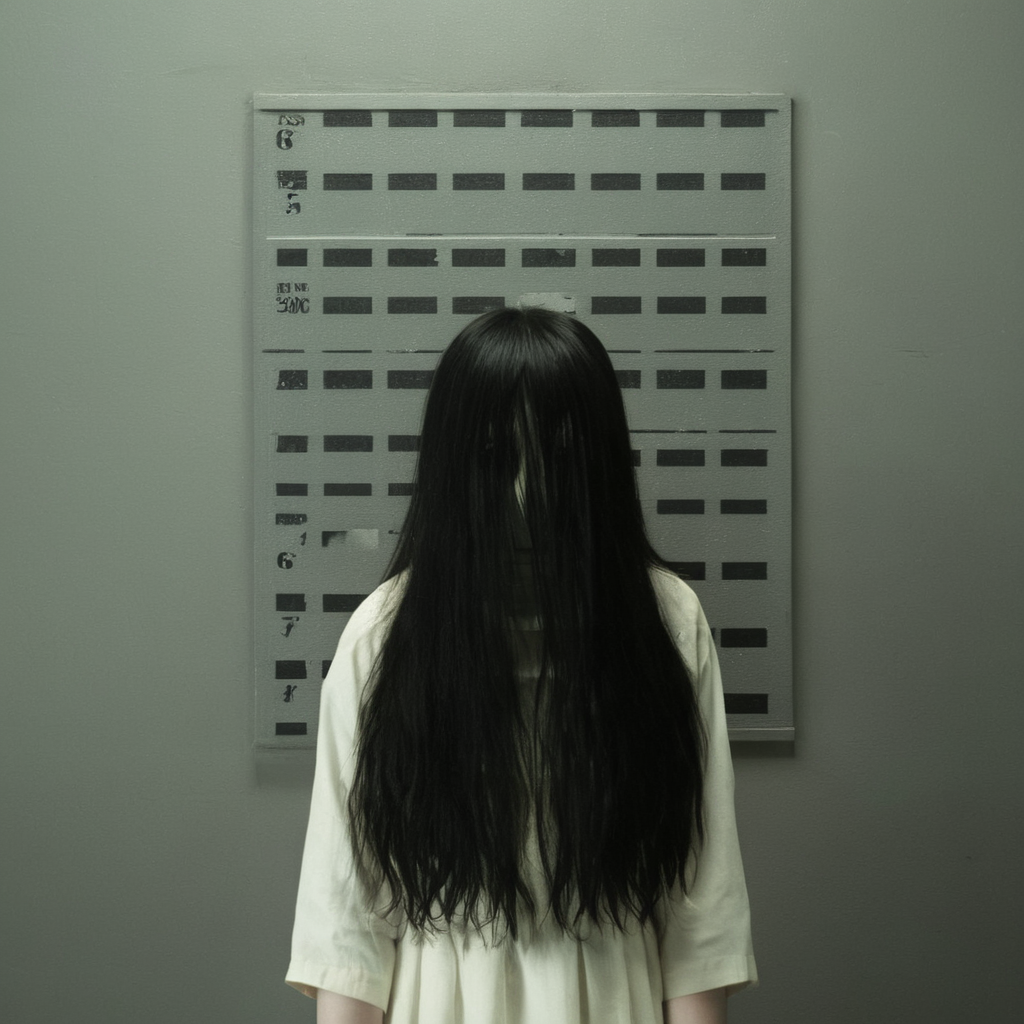 Horror-themed,  <lora:Kayako Saeki Sadako Yamamura:1>
 <lora:Mugshots style:1.2>
a mugshot photo of pale skin long hair covering face Sadako Yamamura standing in a room with mugshot style wall in background in a dark room, Eerie, unsettling, dark, spooky, suspenseful, grim, highly detailed