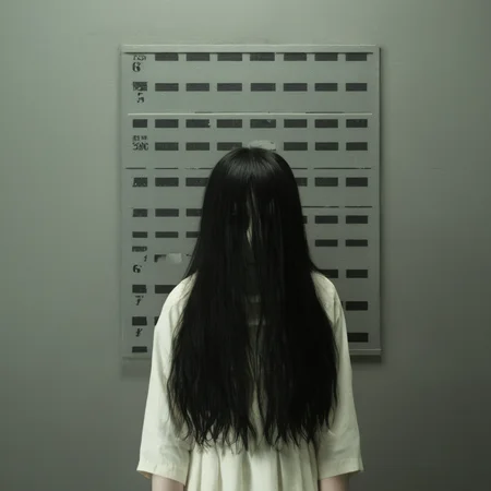 Horror-themed, <lora:Kayako Saeki Sadako Yamamura:1>
<lora:Mugshots style:1.2>
a mugshot photo of pale skin long hair covering face Sadako Yamamura standing in a room with mugshot style wall in background in a dark room, Eerie, unsettling, dark, spooky, suspenseful, grim, highly detailed