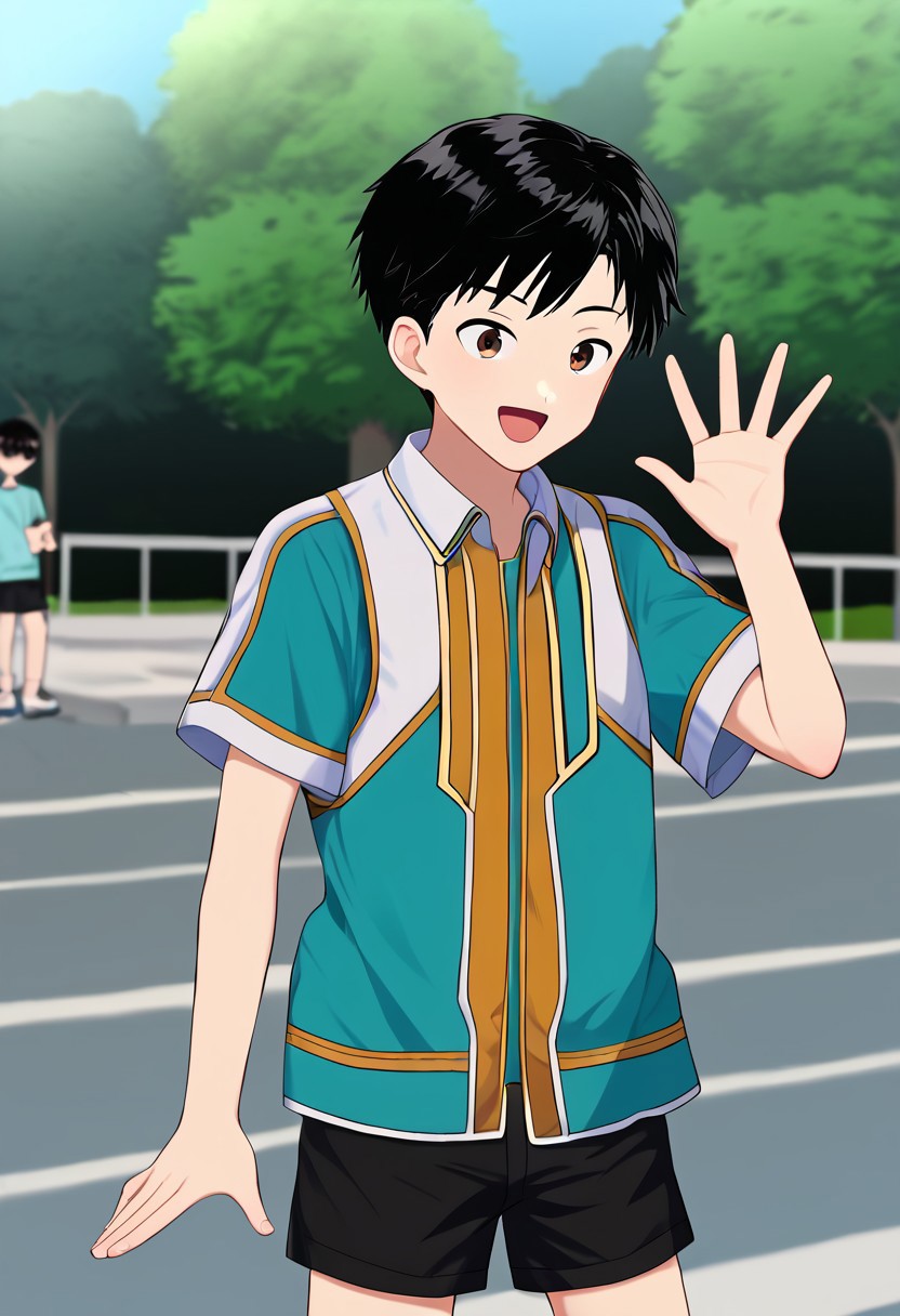 harmard, black hair, short hair, brown eyes, 1boy, solo, solo focus, wear open clothes, short sleeve, turquoise colour clothes, crop clothes, wear black shorts, outdoor setting, right hand waving gesture, handfixer