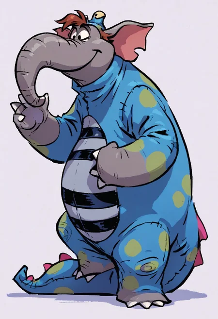 (score_9 | score_8_up | score_7_up) ((masterpiece:1))(best quality,very high quality,ultra detailed:1.2) (2D,cartoon style,anime style)(Smooth:2)(clean blurring) (four fingers on each hand,one thumb on each hand:1),
Abu elephant, elephant, solo, brown hair, grey skin, black eyes, trunk, trunk nose, elephant trunk, elephant ears, wearing a blue dragon costume, Dragon costume, full body