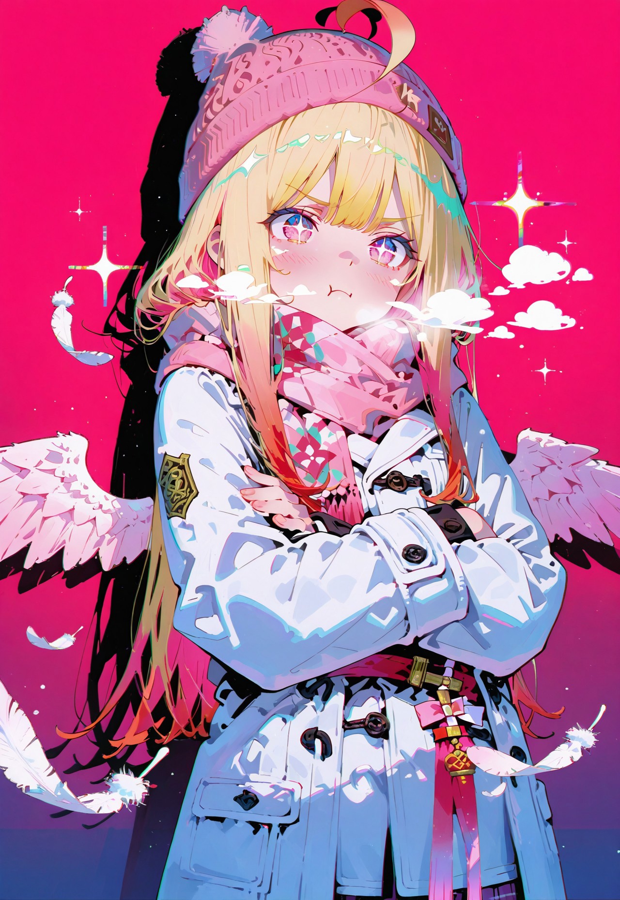 Standing,(bust shot:1.1),face focus,(closed up:1.1)

Annoyed,cold, crossed arms

1 girl,petite,(waist length hair:1.2), straight hair,blonde hair, (vibrant pink accents hair:1.1),fair skin,pink eyes, sparkling eyes,ahoge,(small wings in hips:1.1),floating feathers,

Pink beanie,pink scarf,white winter coat

(Flat colors:1.1),Flat background,Bright red color background with (shadow:1.2), glimmer, sparkling effects, (anaglyph refraction:1.5),subtle (red hue:0.8)

Cunnystyle,748cmstyle,masterpiece,best quality,amazing quality, aesthetic,(vibrant colors:1.7),(bold lines:1.3),(saturated:1.6),