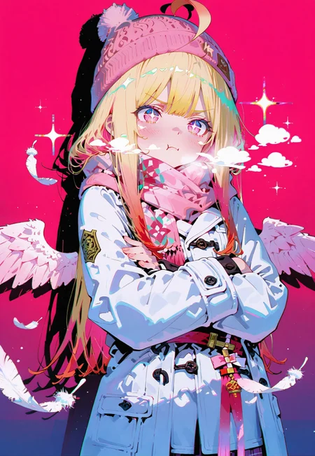 Standing,(bust shot:1.1),face focus,(closed up:1.1)

Annoyed,cold, crossed arms

1 girl,petite,(waist length hair:1.2), straight hair,blonde hair, (vibrant pink accents hair:1.1),fair skin,pink eyes, sparkling eyes,ahoge,(small wings in hips:1.1),floating feathers,

Pink beanie,pink scarf,white winter coat

(Flat colors:1.1),Flat background,Bright red color background with (shadow:1.2), glimmer, sparkling effects, (anaglyph refraction:1.5),subtle (red hue:0.8)

Cunnystyle,748cmstyle,masterpiece,best quality,amazing quality, aesthetic,(vibrant colors:1.7),(bold lines:1.3),(saturated:1.6),