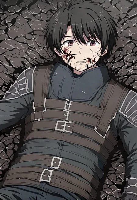 high resolution, solo, best quality, 1Boy, Inaho Kaizuka, Black Hair, fell down, revenged, conquered, dying, battered, bruised, OverallDetail