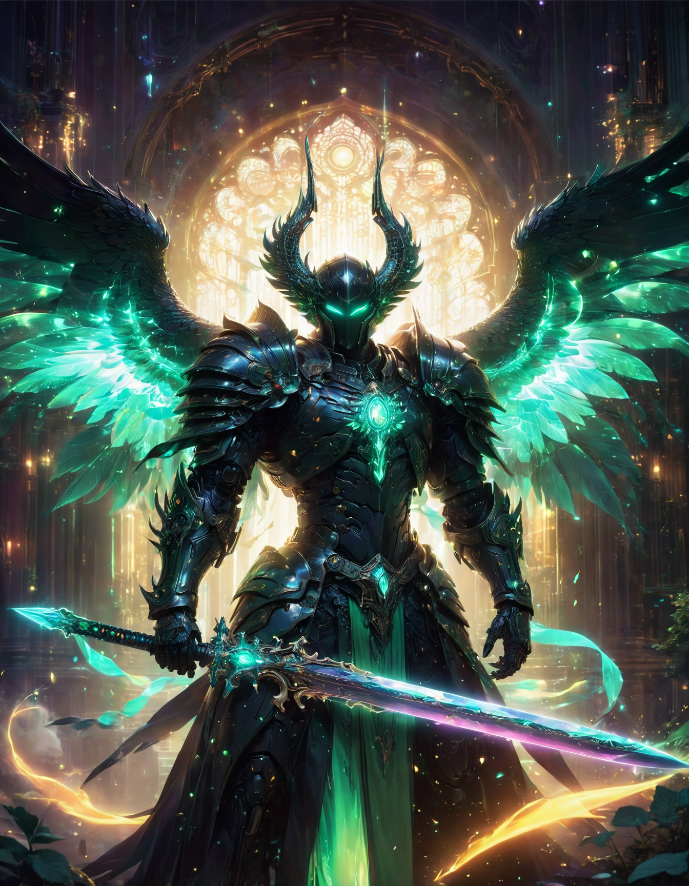 anime artwork, dark majestic figure clad in intricate armor with teal highlights, with large imposing black wings, wield a long glowing green neon sword, Set the scene with an ornate window in the background, soft light that illuminates the figure, eerie and mystical atmosphere, floating green particles, ethereal lighting effects surrounding the character, anime style, key visual, vibrant, studio anime, highly detailed, <lora:SDXLFaeTastic2400:0.5>, <lora:sdxl_lora_beksinski:0.6>, <lora:glowneon_xl_v1:0.5>, <lora:add-detail-xl:1>
