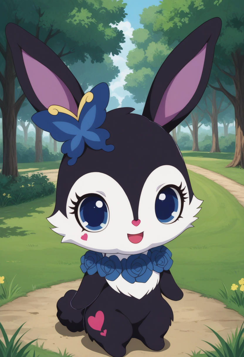 score_9, score_8_up, score_7_up, score_6_up, score_5_up, BREAK
luea, feral, solo, blue eyes, rabbit, furry, rabbit ears, black fur, purple inner ear, white chest fur, white face, chibi, body fur, (blue butterfly hair ornament), (blue rose necklace), 1girl, looking at viewer, park, grass, trees, happy 