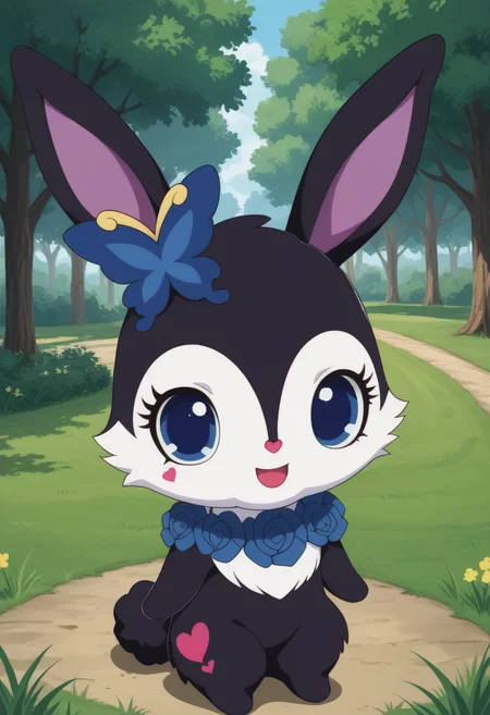 score_9, score_8_up, score_7_up, score_6_up, score_5_up, BREAK
luea, feral, solo, blue eyes, rabbit, furry, rabbit ears, black fur, purple inner ear, white chest fur, white face, chibi, body fur, (blue butterfly hair ornament), (blue rose necklace), 1girl, looking at viewer, park, grass, trees, happy 