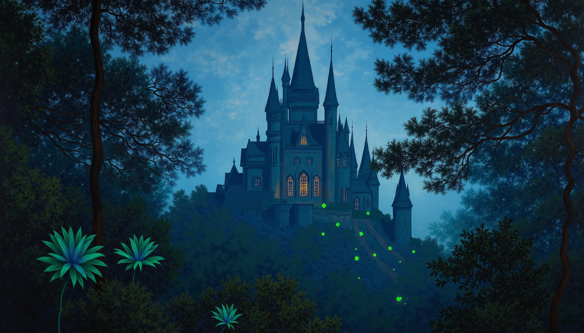 painting by Claude Money, a grand castle with soaring towers hidden within an enchanted forest, teeming with bioluminescent plants and creatures, in the mystical style