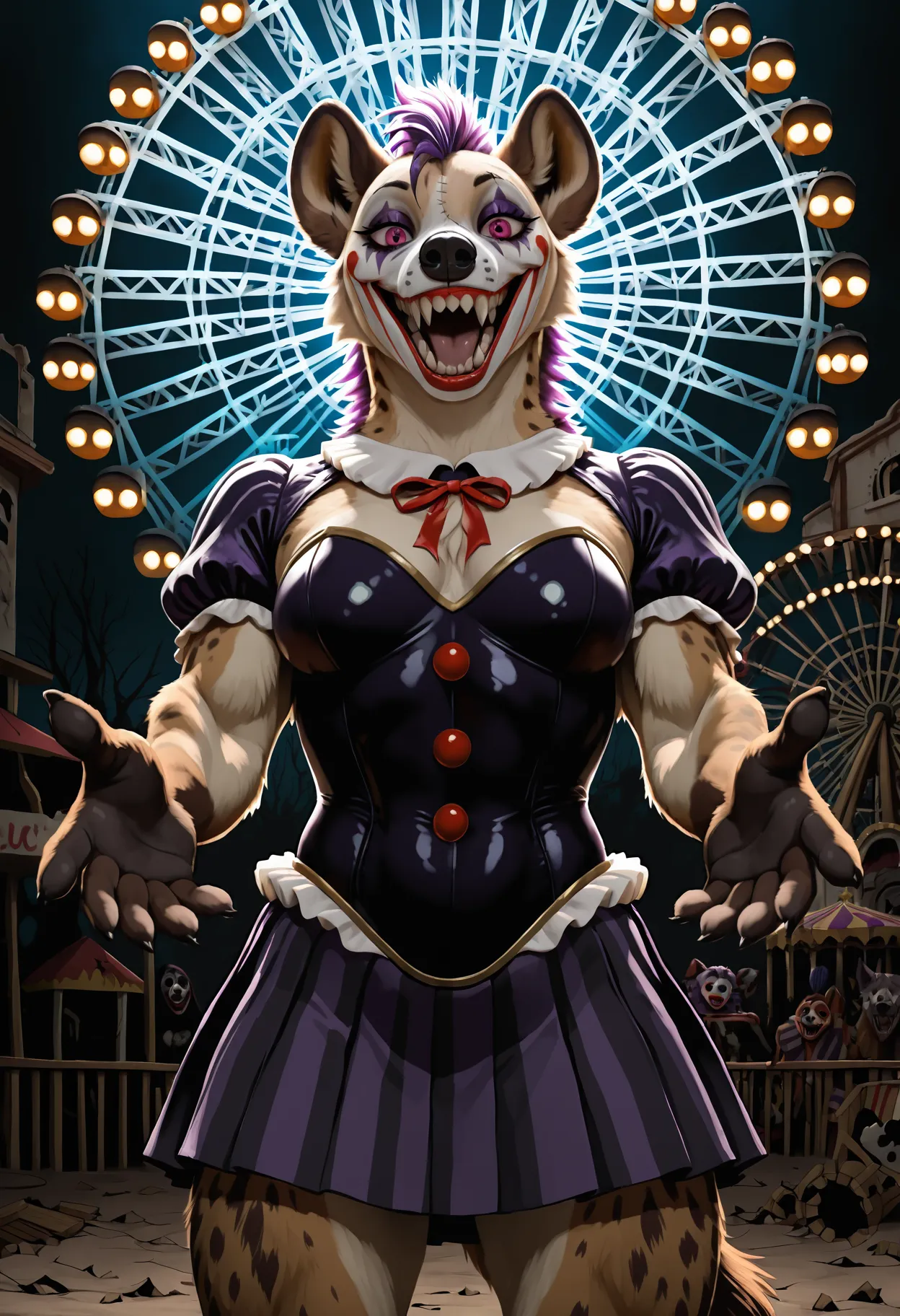 masterpiece, best quality, newest, absurdres, highres, safe, detailed lighting, realistic lighting, photo, realistic, realistic fur, detailed fur, tufts, fluffy, beautiful lighting, high contrast, BREAK,
gnoll, female, tan fur, maroon eyes, 1girl, solo, sinister clown, eerie face paint, stitched mouth makeup, dark circus, tattered clown outfit, bloodstains, creepy grin, broken doll aesthetic, horror clown, nightmare circus, short skirt, red lipstick, hyena, pleated skirt, leotard, puffy sleeves, dark carnival, abandoned circus, foggy fairground, broken carousel, haunted amusement park, ferris wheel, breath, rim lighting, backlighting,open mouth, furry, anthro, purple mane, (offering hand:1.2), reaching, POV,
, <lora:noobai_ep11_stabilizer_v0.138_fp16:0.8> <lora:Gnollv5Noobs95:1>