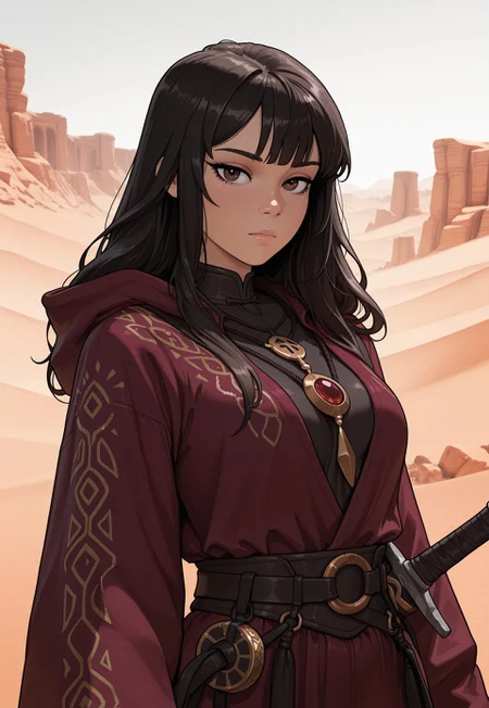 score_9, score_8_up, score_7_up, 1girl, solo, desert nomad, flowing robes with intricate embroidery and desert-inspired patterns, ancient curved scimitar with a polished bronze blade and a wrapped leather handle, long wavy black hair adorned with desert flowers, realistic, cinematic angle, cinematic lighting, slender body, mysterious face, deep brown eyes, vigilant pose
BREAK
standing guard at an oasis in the heart of the desert
BREAK
source_fantasy_art, rating_explicit, expressive, full body, dynamic pose
BREAK
detailed beautiful background, vast desert landscape with rolling sand dunes and distant mirages, lush oasis with palm trees and a sparkling pool of water, ancient ruins and desert creatures, distant mountains with rugged cliffs, mystical atmosphere with a sense of adventure and mystery
<lora:Expressive_H:0.6>Expressiveh, (SimplepositiveXLv1:1.3), (upper body, full clothed:1.85) ((masterpiece)) (ultra realistic, 32k, masterpiece:1.2), (high detailed skin:1.1), (high quality:1.1) (((full clothed))) <lora:DandonFuga_Style_v.2_-_Pony:0.8>
<lora:add-detail-xl:1>
<lora:Dynamic Poses:1>