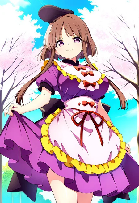 baba style, (sakura trees), (pink leaves), ((day time)), 1girl, solo, (standing), (posing), (looking at viewer), ((large breasts)), smile, nishida satono, 1girl, solo, brown hair, ((purple eyes)), short hair with long locks, hat, short sleeves, bow, purple dress, ribbon, frills, waist apron, ribbon, legs