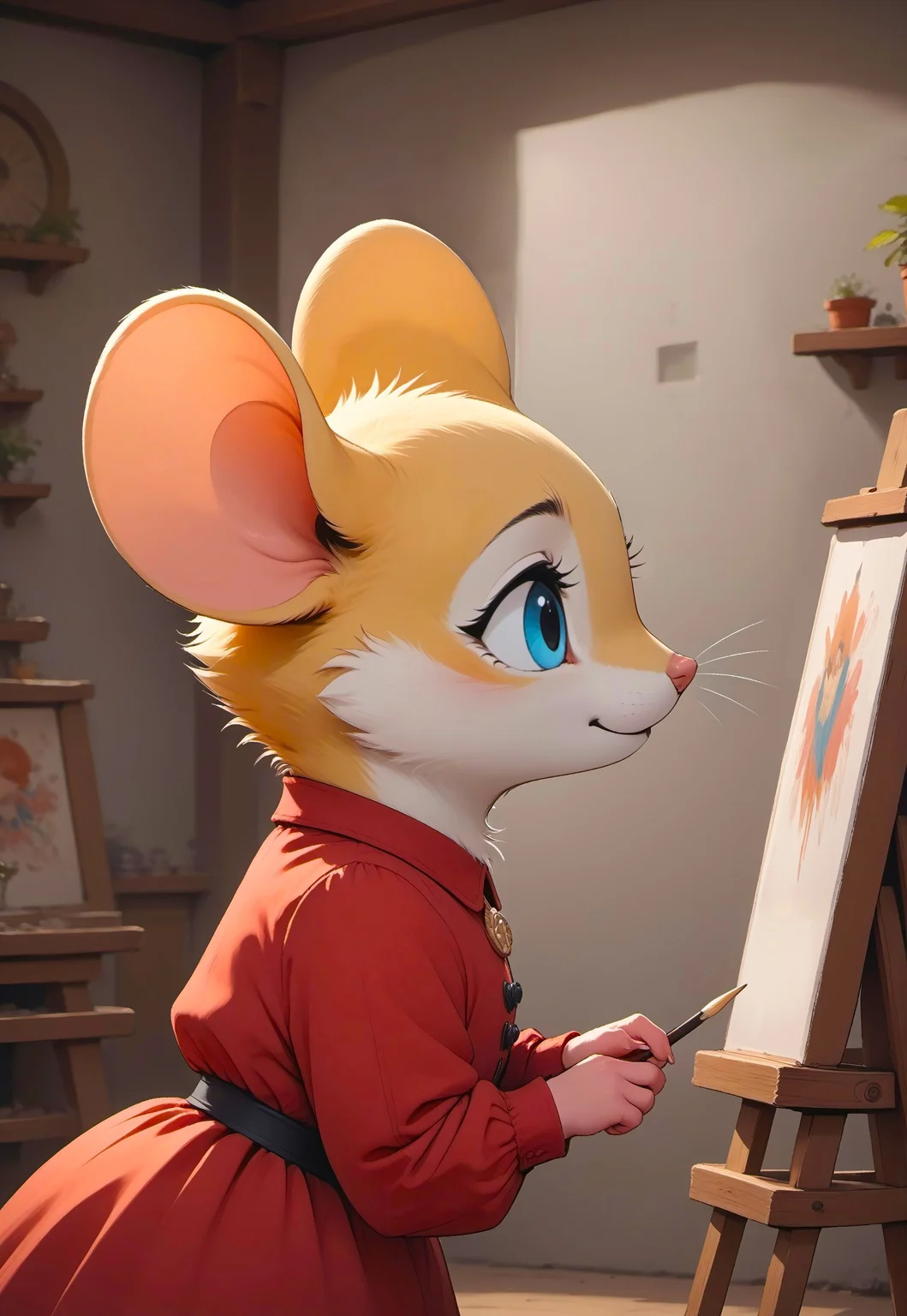 score_9, score_8_up, score_7_up, score_6_up, score_5_up, score_4_up, 

[][][][],

m0use_goldie, 

[][][][],

female, cute, (feral:2), (happy expression), tail, red dress,  (painting_\(action\):1.5), (easel:2), holding paintbrush, (look down:3)

[][][][],

indoors, cottage, (expressive), (upper body shot, head focus), side view,