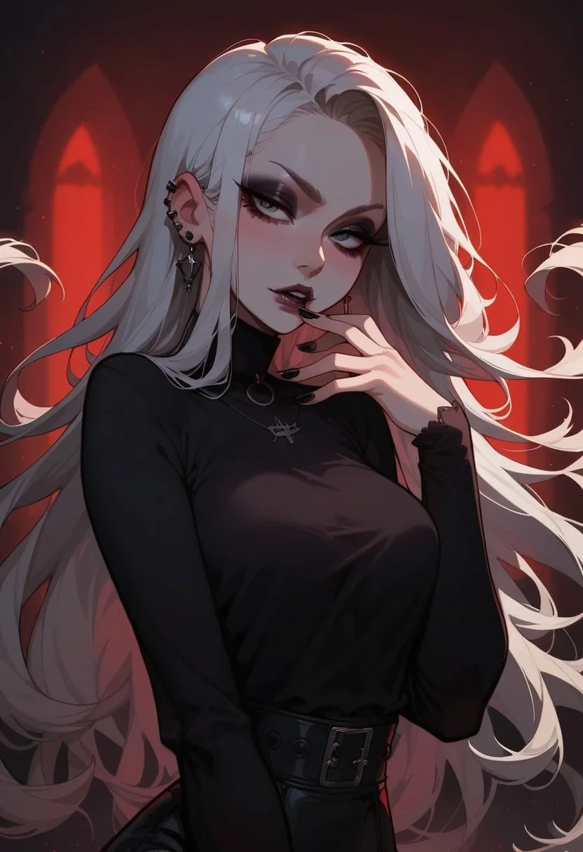 score_9, score_8_up, score_7_up, score_6_up, pretty woman, 21 year old, 1girl, very pale skin, white skin, goth girl, emo, eyeliner, eyeshadow, white hair, long hair, straight hair, black eyes, pretty face, long hair, pretty eyes, long sleeves, shirt, skirt, sexy pose