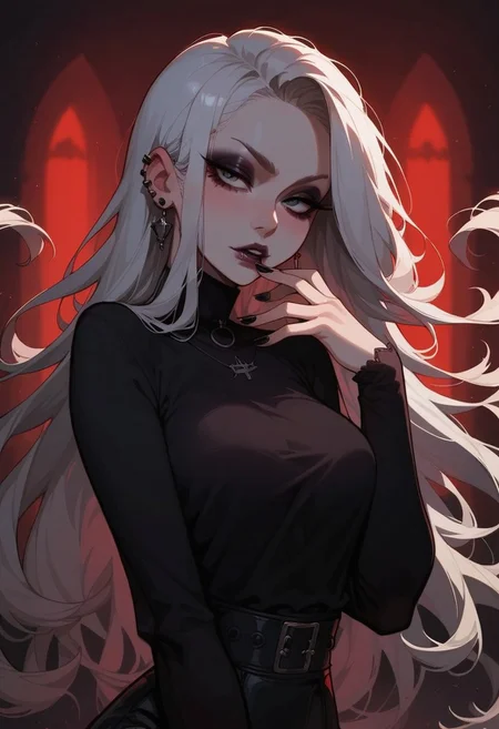 score_9, score_8_up, score_7_up, score_6_up, pretty woman, 21 year old, 1girl, very pale skin, white skin, goth girl, emo, eyeliner, eyeshadow, white hair, long hair, straight hair, black eyes, pretty face, long hair, pretty eyes, long sleeves, shirt, skirt, sexy pose