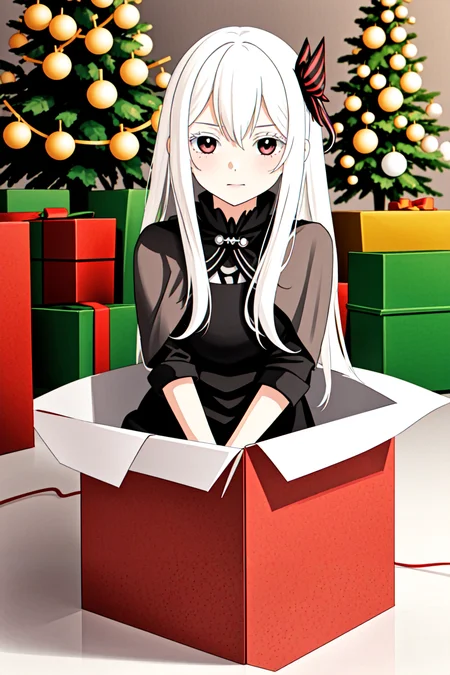 1girl in a box, <lora:yomama_surprise_gift_v5-10:0.8>yomama_surprise_gift_v5 <lora:LCM_LoRA_Weights_SD15:1> indoor, Christmas decoration <lora:Anzhc Echidna:0.8> echidna