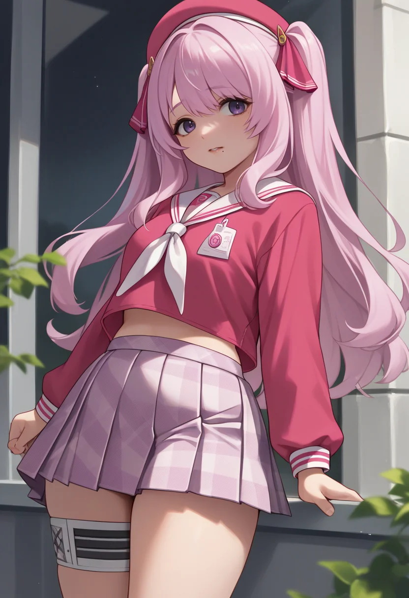 score_9, score_8_up, score_7_up, source_anime, BREAK 1girl, solo, <lora:yuni-nikke-richy-v1_pdxl:1> yunipp, purple eyes, pink hair, long hair, two side up, bangs, pink hat, hair ornament, mole under mouth, pink shirt, plaid skirt, pleated skirt, white neckerchief, serafuku, white thigh strap, midriff peak
