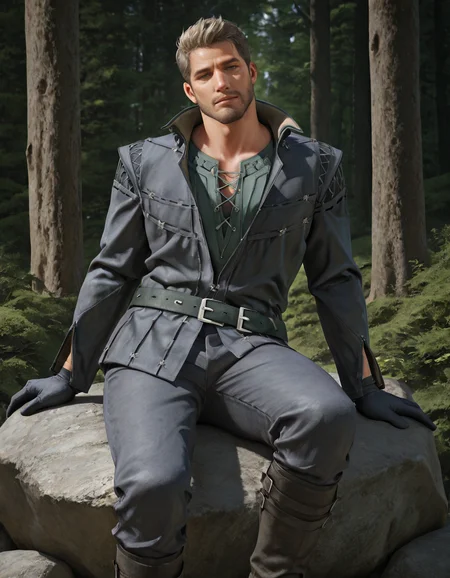 masterpiece, best quality, newest, detailed background, intricate details, male focus, realistic, solo, <lora:FFXVI - Cidolfus Telamon - Illustrious-000008:0.7>, cid_t, 1boy, mature male, green eyes, light brown hair, facial hair, jacket, gloves, belt, pants, boots, outdoors, forest, sitting, on rock, contrapposto, head tilt, looking at viewer