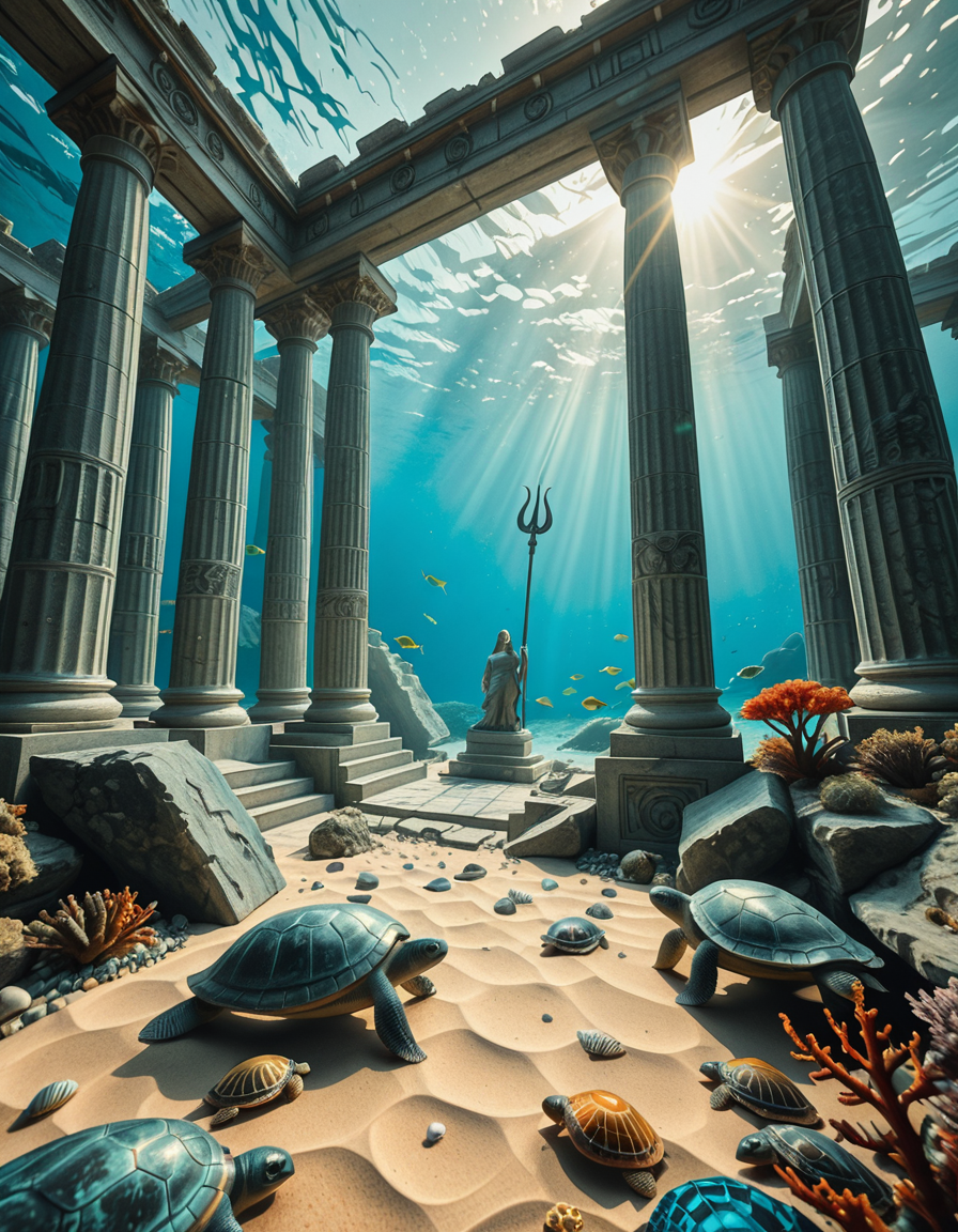 An ancient underwater Temple of Poseidon, partially buried in sand and coral at the bottom of the Aegean Sea. Massive marble columns, some broken, others still standing, encrusted with seashells and marine life. Soft sunlight filtering through the ocean surface above, casting shimmering rays over the temple ruins. Colorful fish and sea turtles swimming peacefully around. The atmosphere is mystical and serene, with a bluish-green hue dominating the scene. A statue of Poseidon with a trident stands at the center of the temple, covered in algae and marine growth. Realistic style, high detail, cinematic lighting, wide-angle view.
<lora:SDXLFaeTastic2400:0.4> <lora:extremely_detailed:0.4> extremely detailed,underwater Temple of P0s31d0n, <lora:underwater_Temple_of_P0s31d0n-i:1>, Masterpiece,best quality,hi res,8k,hi res,8k,award winning,(sharp focus, intricate, highly detailed),