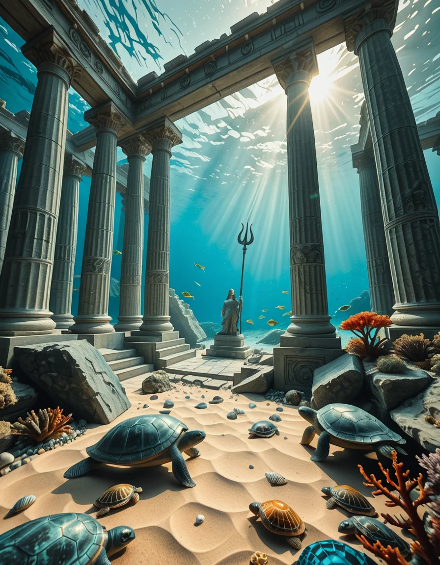An ancient underwater Temple of Poseidon, partially buried in sand and coral at the bottom of the Aegean Sea. Massive marble columns, some broken, others still standing, encrusted with seashells and marine life. Soft sunlight filtering through the ocean surface above, casting shimmering rays over the temple ruins. Colorful fish and sea turtles swimming peacefully around. The atmosphere is mystical and serene, with a bluish-green hue dominating the scene. A statue of Poseidon with a trident stands at the center of the temple, covered in algae and marine growth. Realistic style, high detail, cinematic lighting, wide-angle view.
<lora:SDXLFaeTastic2400:0.4> <lora:extremely_detailed:0.4> extremely detailed,underwater Temple of P0s31d0n, <lora:underwater_Temple_of_P0s31d0n-i:1>, Masterpiece,best quality,hi res,8k,hi res,8k,award winning,(sharp focus, intricate, highly detailed),