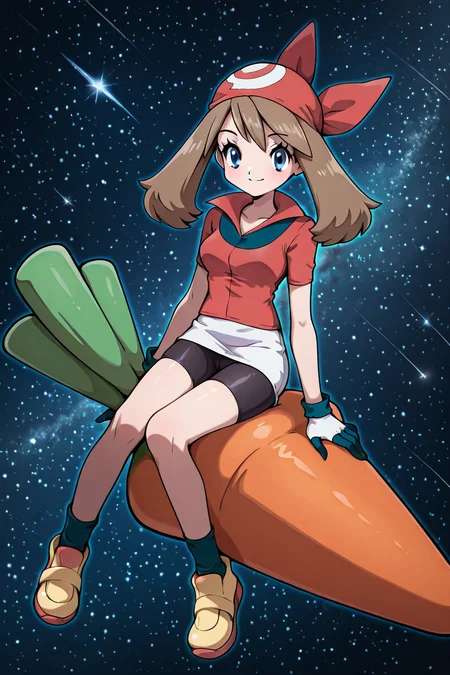 [used img2img] masterpiece, best quality, looking at viewer, smile,    may (pokemon), red shirt, 1girl, bandana, bike shorts, red bandana, gloves, skirt, space, sitting on a big floating carrot, stars,   ,<lora:LittleMyMay_KarotConCarneIL:1.0>,