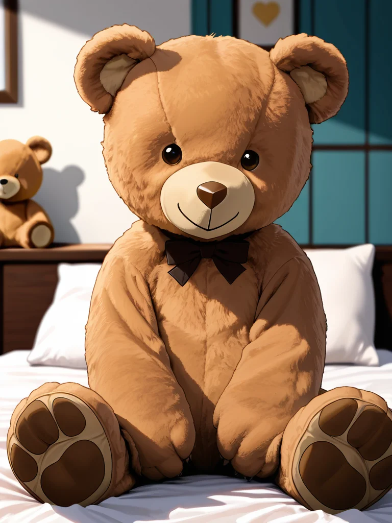 <lora:TeddyBear-IL:0.8> T3DDYB34R, teddybear, bear, sitting, bedroom, pillow, bed, looking at viewer,, uploaded on e621, (detailed background, depth of field), (intricate:1.1), (high detail:1.2), (soft focus), (masterpiece, best quality, 4k, 2k, shaded, absurd res)