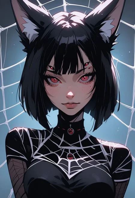 score_9, score_8_up, score_7_up, source_cartoon, looking at viewer, hourglass figure, face focus,
1 girl, solo girl, fox girl, fox ears , pretty face, cute girl, large breasts, black hair, short hair, red eyes, arachne, long black nails
spider webs,
black liquid dress, cowboy shot,