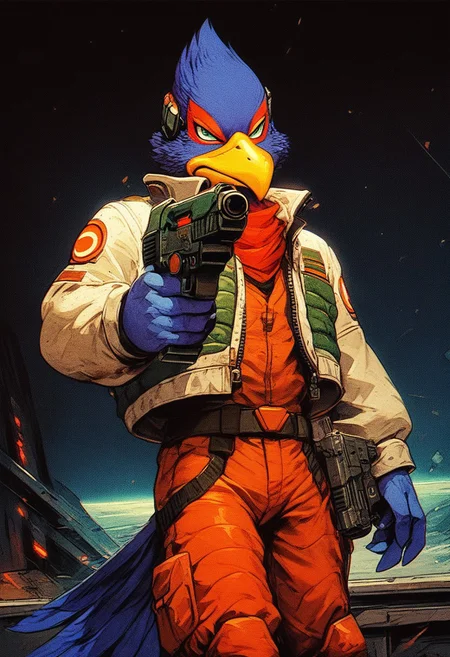 score_9, score_8, score_7, score_6, 1boy, solo, knva, halftone effect, science fiction, Falco lombardi, anthro furry, furry male, spaceship, dynamic pose, (((gun, sci-fi gun)))