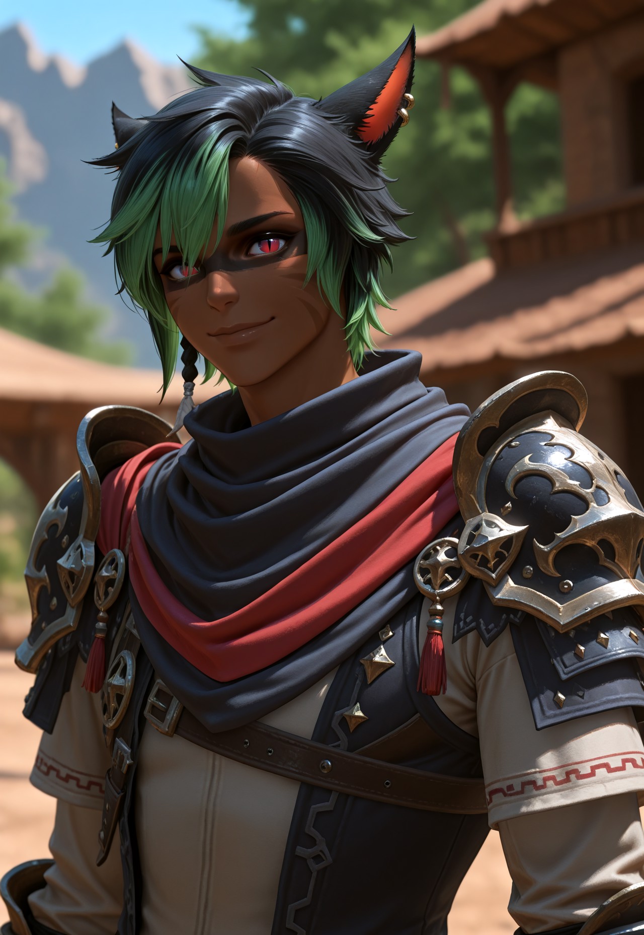 masterpiece, very aesthetic, KrhisT1A, blurry background, animal ears, miqo'te, solo, depth of field, cat ears, green hair, multicolored hair, smile, looking at viewer, 1boy, jewelry, dark skin, earrings, facial mark, shoulder armor, two-tone hair, male focus, upper body, slit pupils, short hair, pauldrons, braid, armor, black hair, red eyes, outdoors, scarf, facepaint